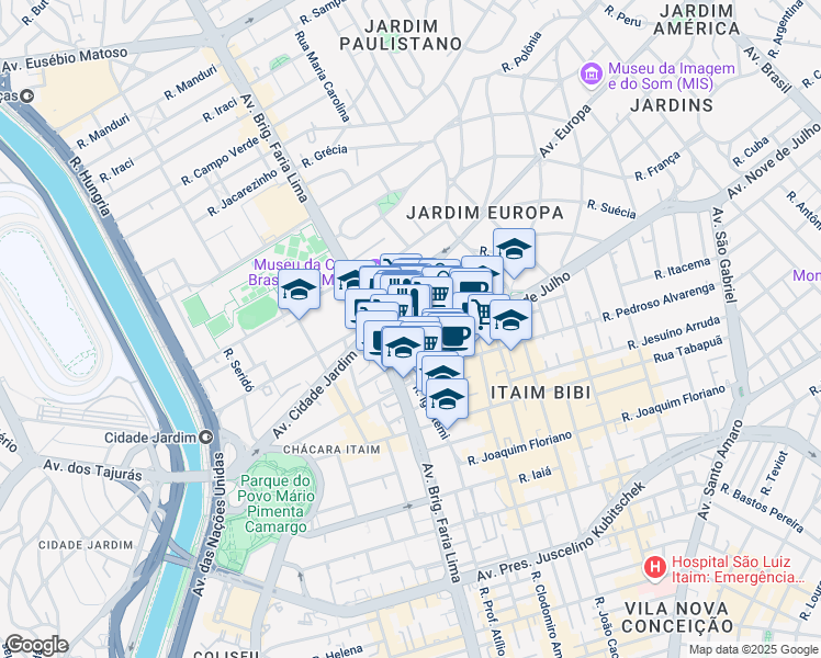 map of restaurants, bars, coffee shops, grocery stores, and more near 305 Rua Amauri in São Paulo