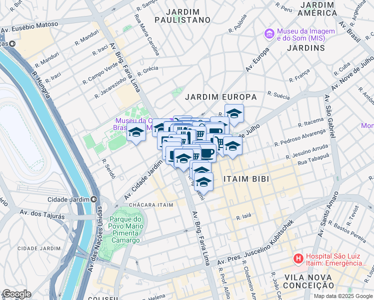 map of restaurants, bars, coffee shops, grocery stores, and more near 305 Rua Amauri in São Paulo