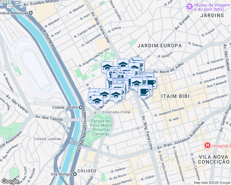 map of restaurants, bars, coffee shops, grocery stores, and more near 803 Avenida Cidade Jardim in São Paulo