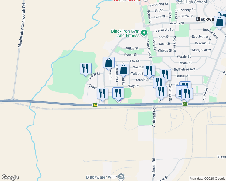 map of restaurants, bars, coffee shops, grocery stores, and more near 3 Oak Street in Blackwater