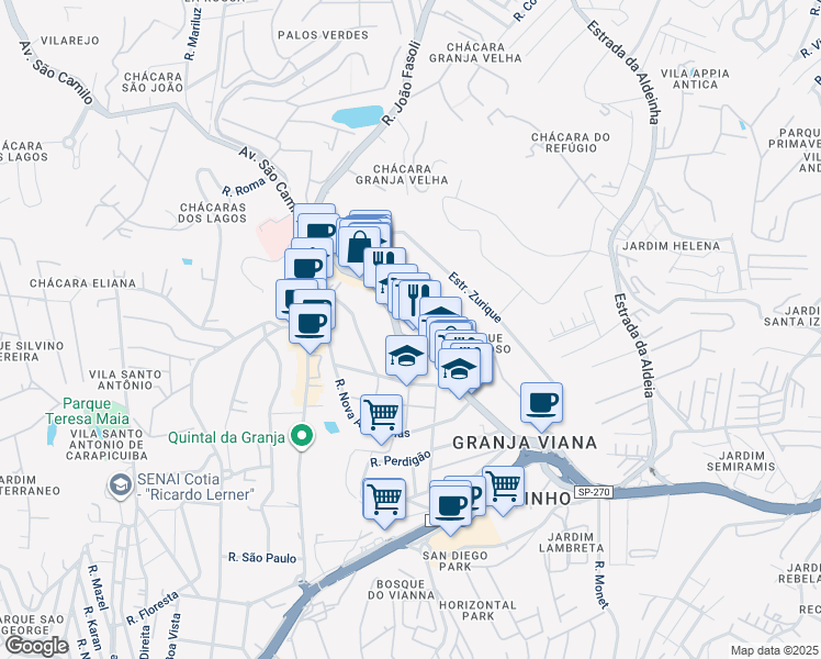 map of restaurants, bars, coffee shops, grocery stores, and more near 700 Avenida São Camilo in Cotia