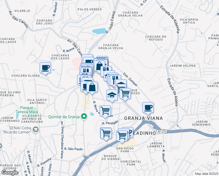map of restaurants, bars, coffee shops, grocery stores, and more near 700 Avenida São Camilo in Cotia