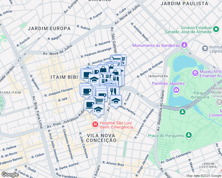 map of restaurants, bars, coffee shops, grocery stores, and more near 100 Avenida Presidente Juscelino Kubitschek in São Paulo