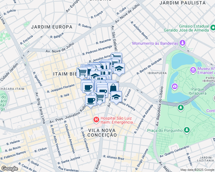 map of restaurants, bars, coffee shops, grocery stores, and more near 100 Avenida Presidente Juscelino Kubitschek in São Paulo
