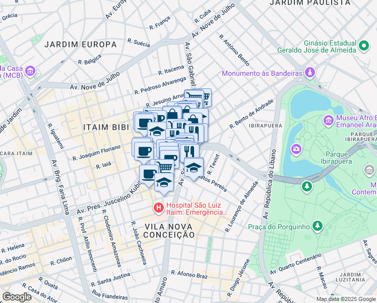 map of restaurants, bars, coffee shops, grocery stores, and more near 1309 Avenida Presidente Juscelino Kubitschek in São Paulo