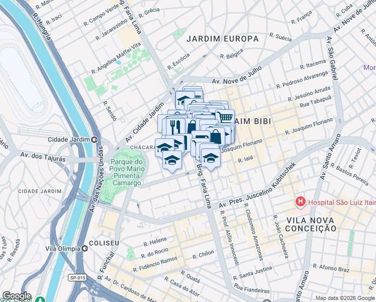map of restaurants, bars, coffee shops, grocery stores, and more near 3430 Avenida Brigadeiro Faria Lima in São Paulo