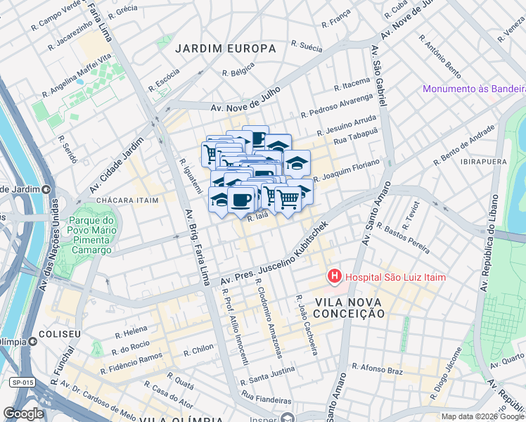 map of restaurants, bars, coffee shops, grocery stores, and more near 52 Rua Iaiá in São Paulo
