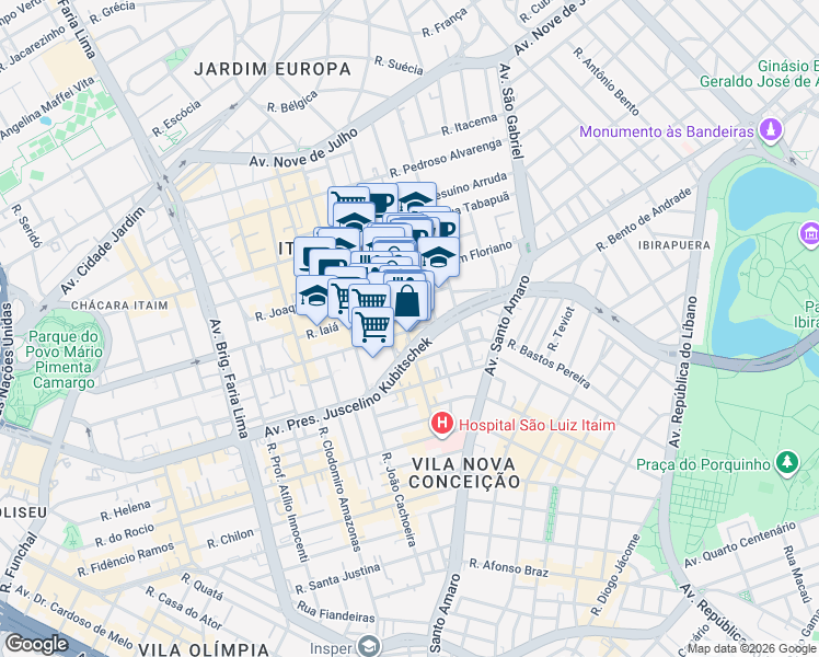 map of restaurants, bars, coffee shops, grocery stores, and more near 823 Rua Bandeira Paulista in São Paulo