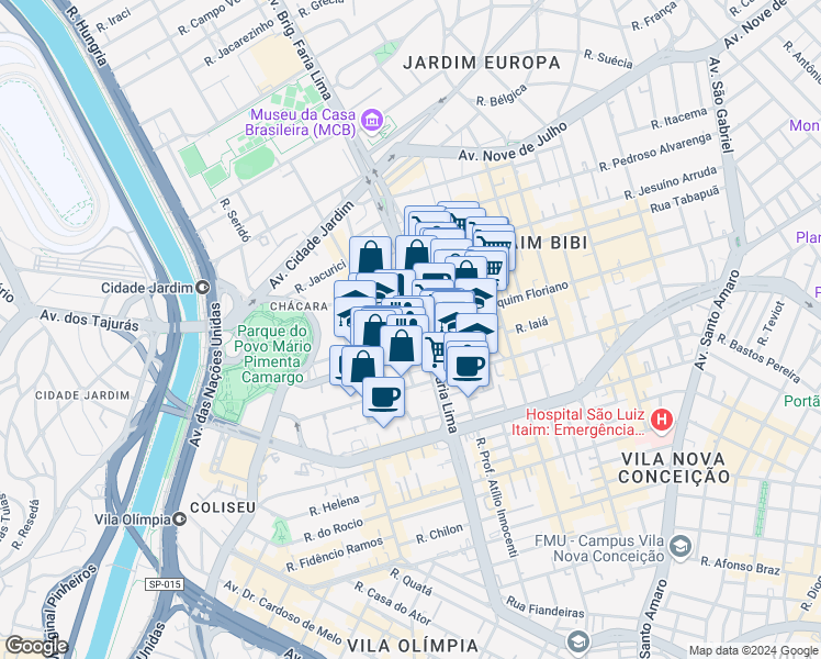 map of restaurants, bars, coffee shops, grocery stores, and more near 3500 Avenida Brigadeiro Faria Lima in São Paulo