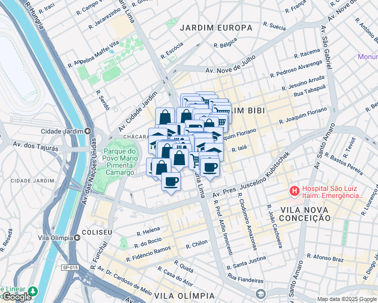 map of restaurants, bars, coffee shops, grocery stores, and more near 3500 Avenida Brigadeiro Faria Lima in São Paulo