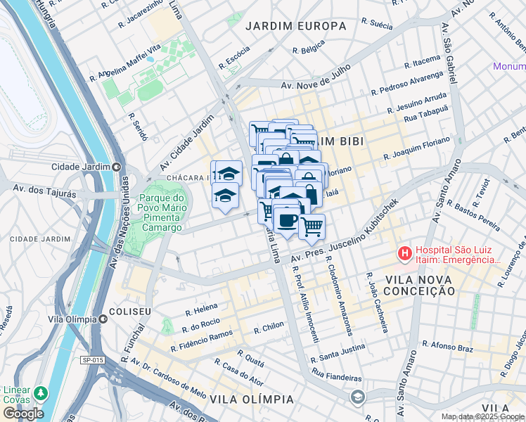 map of restaurants, bars, coffee shops, grocery stores, and more near Avenida Brigadeiro Faria Lima in São Paulo