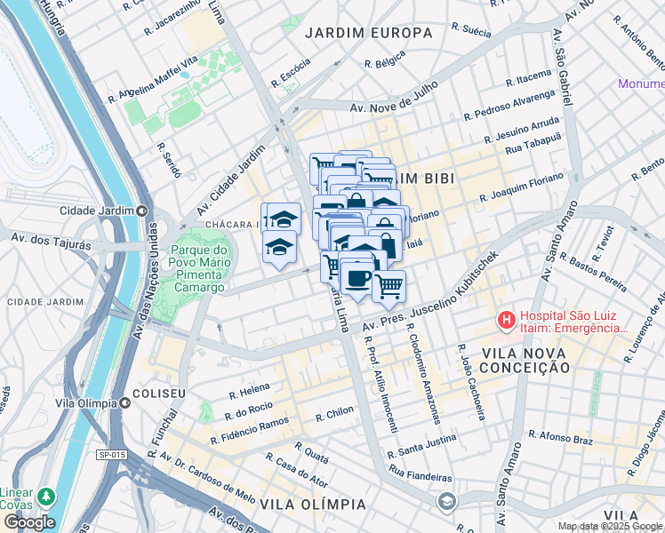 map of restaurants, bars, coffee shops, grocery stores, and more near 3555 Avenida Brigadeiro Faria Lima in São Paulo