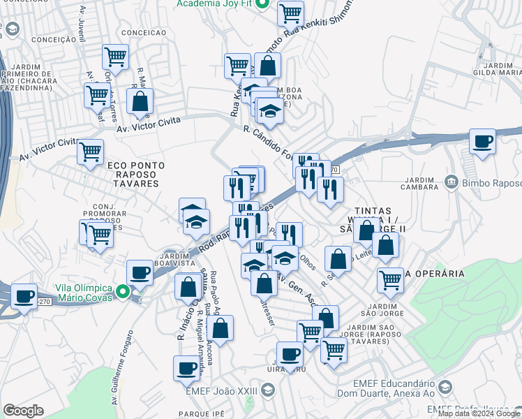 map of restaurants, bars, coffee shops, grocery stores, and more near Rodovia Raposo Tavares in São Paulo