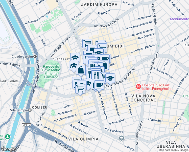 map of restaurants, bars, coffee shops, grocery stores, and more near 165 Rua Professor Atílio Innocenti in São Paulo