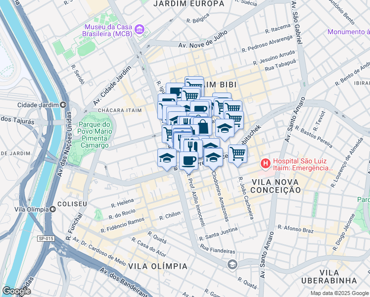 map of restaurants, bars, coffee shops, grocery stores, and more near 165 Rua Professor Atílio Innocenti in São Paulo