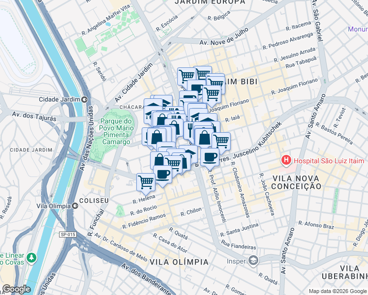 map of restaurants, bars, coffee shops, grocery stores, and more near 3732 Avenida Brigadeiro Faria Lima in São Paulo