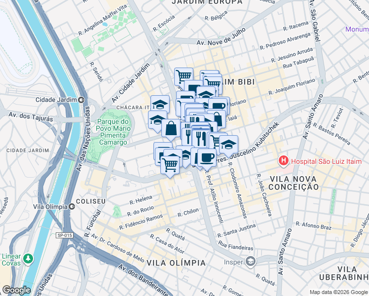 map of restaurants, bars, coffee shops, grocery stores, and more near 3732 Avenida Brigadeiro Faria Lima in São Paulo