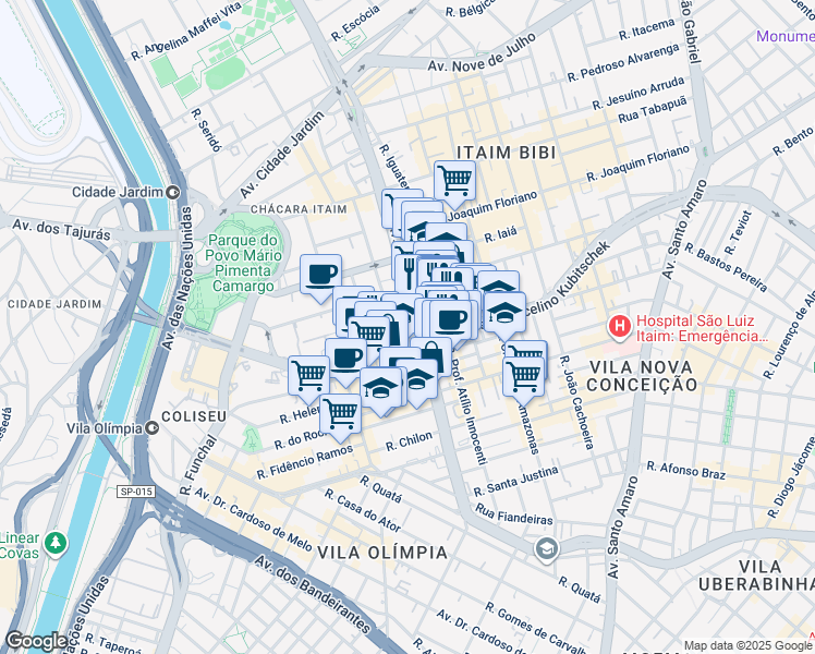 map of restaurants, bars, coffee shops, grocery stores, and more near 3900 Avenida Brigadeiro Faria Lima in São Paulo