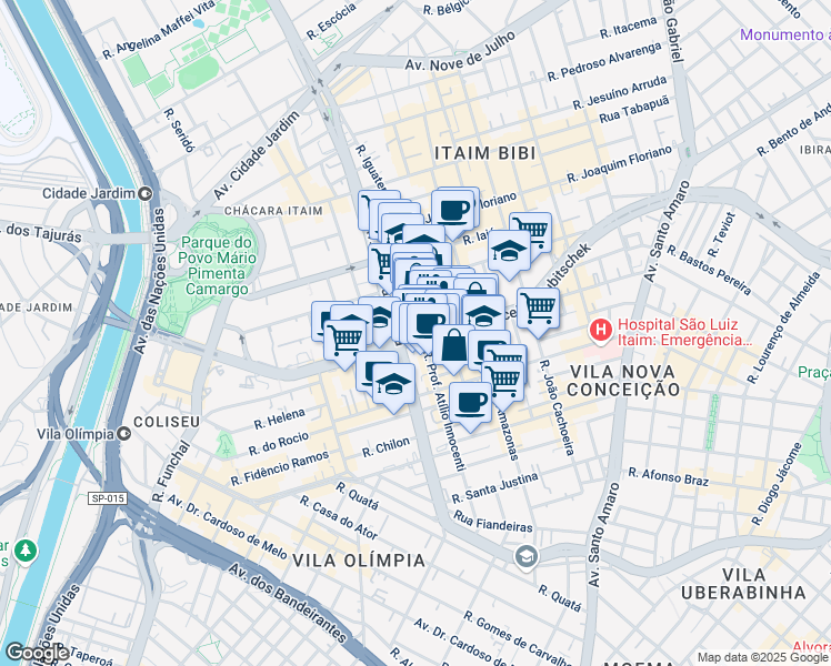 map of restaurants, bars, coffee shops, grocery stores, and more near 1180 Avenida Presidente Juscelino Kubitschek in São Paulo