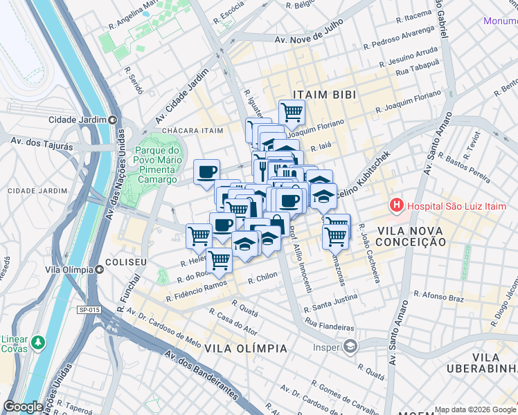 map of restaurants, bars, coffee shops, grocery stores, and more near 3900 Avenida Brigadeiro Faria Lima in SP