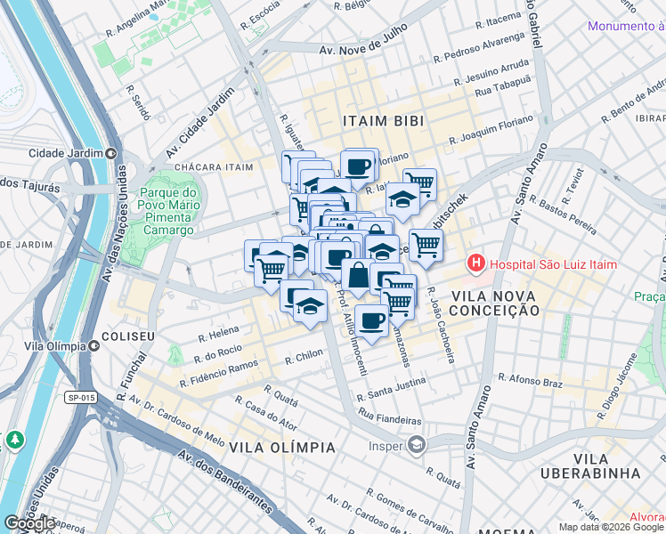 map of restaurants, bars, coffee shops, grocery stores, and more near Avenida Presidente Juscelino Kubitschek in São Paulo