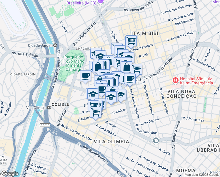 map of restaurants, bars, coffee shops, grocery stores, and more near 1455 Avenida Presidente Juscelino Kubitschek in São Paulo
