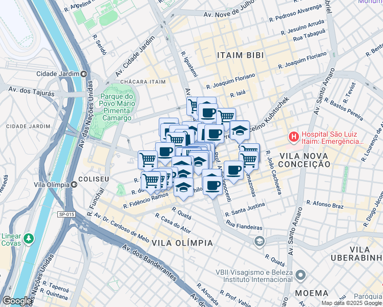 map of restaurants, bars, coffee shops, grocery stores, and more near 1327 Avenida Presidente Juscelino Kubitschek in São Paulo