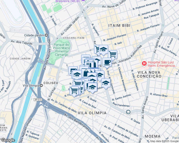 map of restaurants, bars, coffee shops, grocery stores, and more near 2041 Avenida Presidente Juscelino Kubitschek in São Paulo