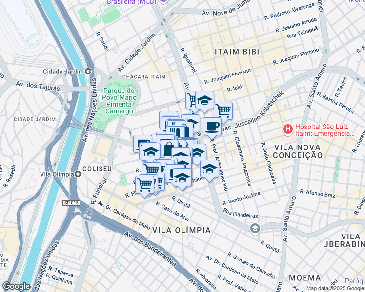 map of restaurants, bars, coffee shops, grocery stores, and more near 1455 Avenida Presidente Juscelino Kubitschek in São Paulo