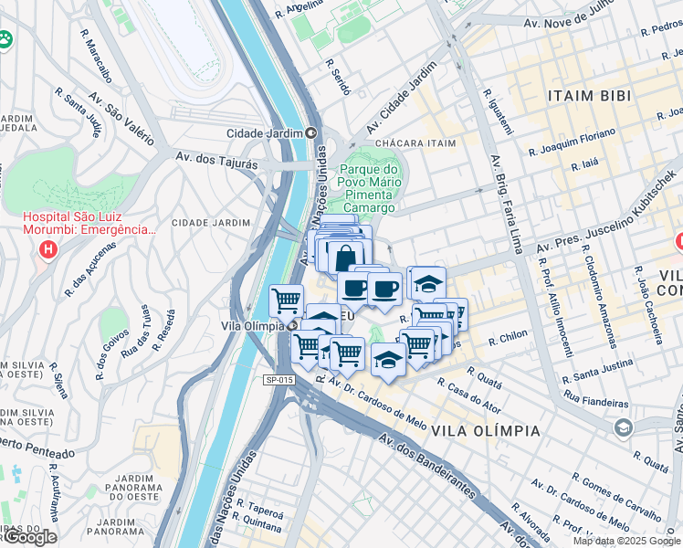 map of restaurants, bars, coffee shops, grocery stores, and more near 2041 Avenida Presidente Juscelino Kubitschek in São Paulo