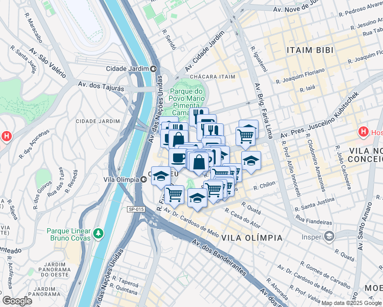 map of restaurants, bars, coffee shops, grocery stores, and more near 1909 Avenida Presidente Juscelino Kubitschek in São Paulo