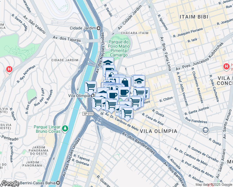 map of restaurants, bars, coffee shops, grocery stores, and more near 263 Rua Funchal in São Paulo