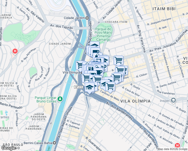 map of restaurants, bars, coffee shops, grocery stores, and more near 418 Rua Funchal in São Paulo
