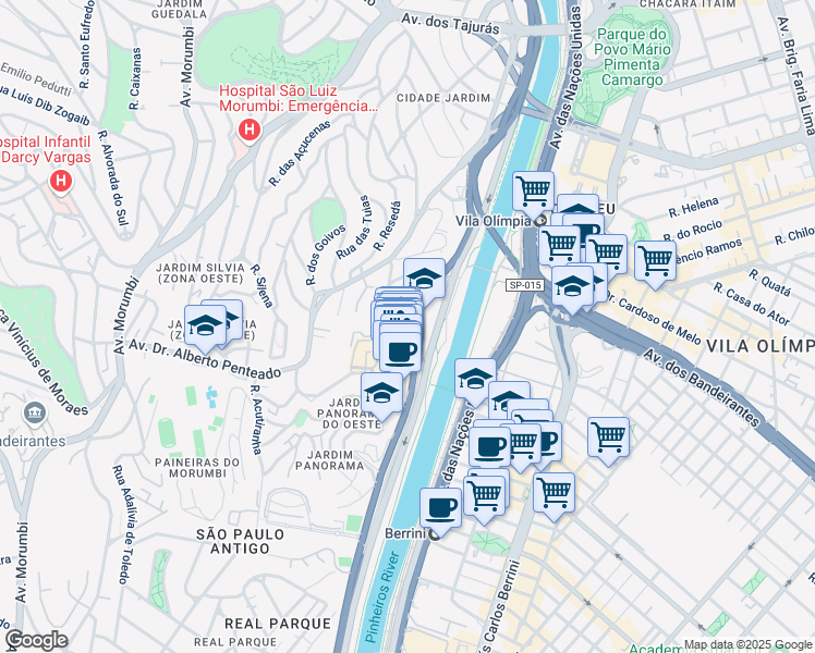 map of restaurants, bars, coffee shops, grocery stores, and more near Avenida Magalhães de Castro in São Paulo