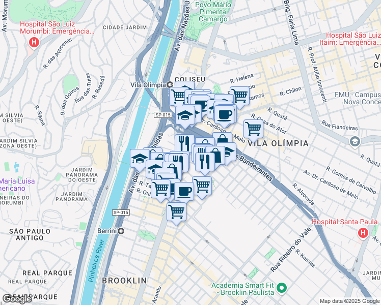 map of restaurants, bars, coffee shops, grocery stores, and more near 105 Avenida Engenheiro Luís Carlos Berrini in São Paulo