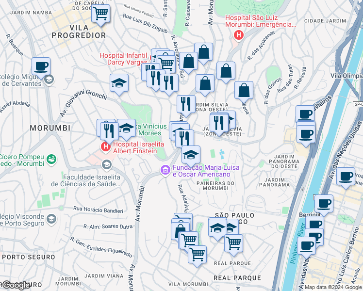 map of restaurants, bars, coffee shops, grocery stores, and more near Avenida Morumbi in São Paulo