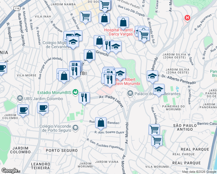 map of restaurants, bars, coffee shops, grocery stores, and more near 627 Avenida Albert Einstein in São Paulo