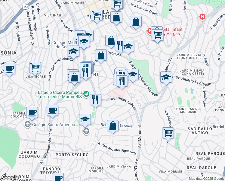 map of restaurants, bars, coffee shops, grocery stores, and more near 627 Avenida Albert Einstein in São Paulo