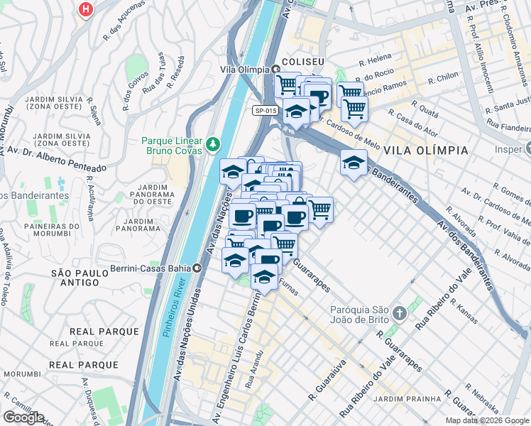 map of restaurants, bars, coffee shops, grocery stores, and more near 373 Rua Surubim in São Paulo