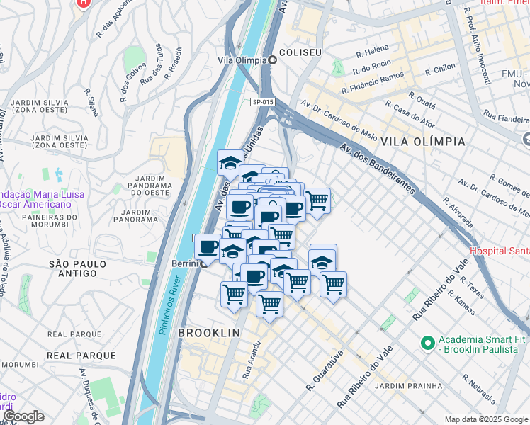 map of restaurants, bars, coffee shops, grocery stores, and more near 34 Praça João Duran Alonso in São Paulo