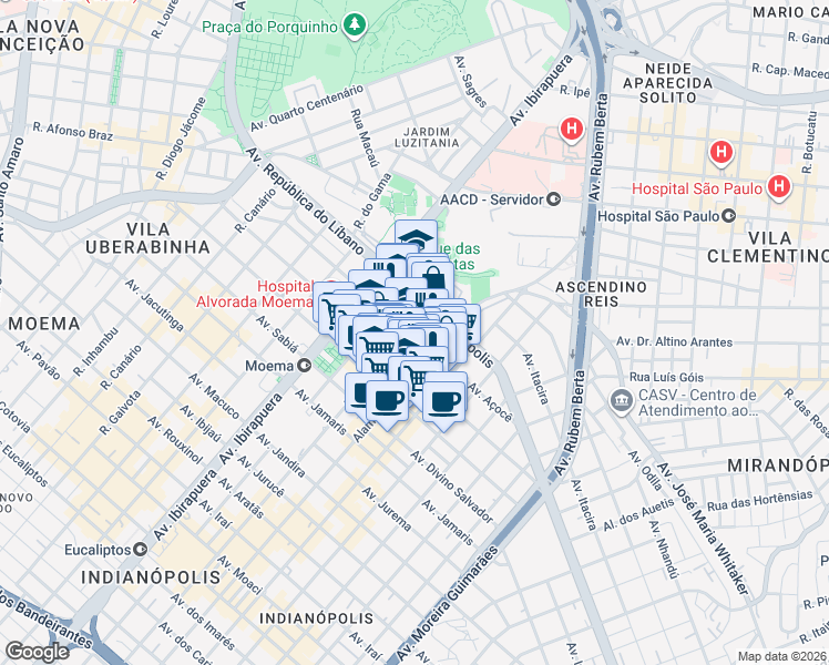 map of restaurants, bars, coffee shops, grocery stores, and more near 249 Avenida Açocê in São Paulo