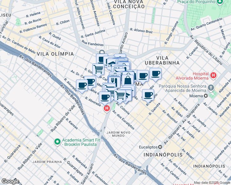 map of restaurants, bars, coffee shops, grocery stores, and more near 1308 Avenida Doutor Cardoso de Melo in São Paulo