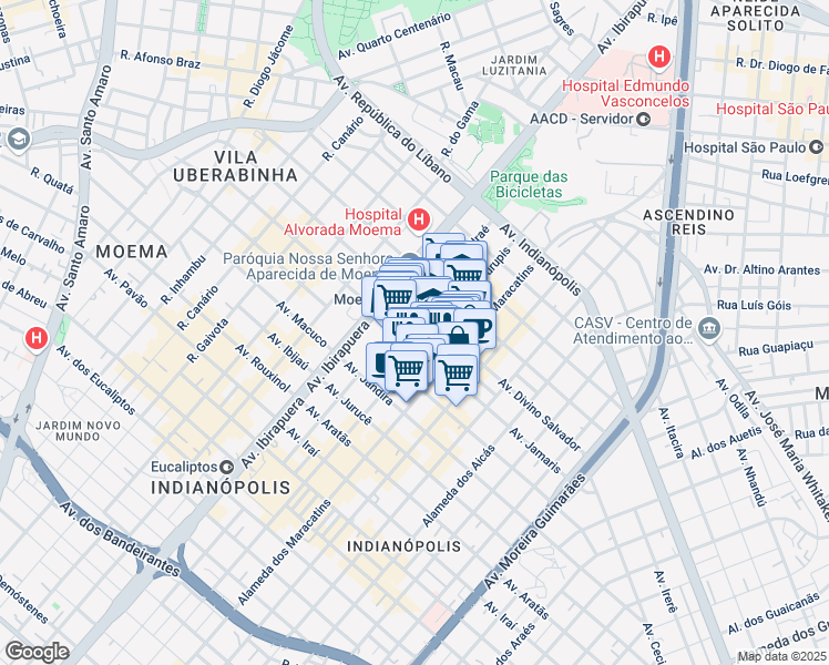 map of restaurants, bars, coffee shops, grocery stores, and more near 213 Avenida Jamaris in São Paulo