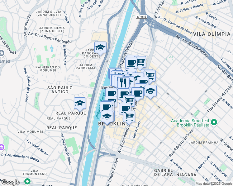 map of restaurants, bars, coffee shops, grocery stores, and more near 12995 Avenida das Nações Unidas in São Paulo