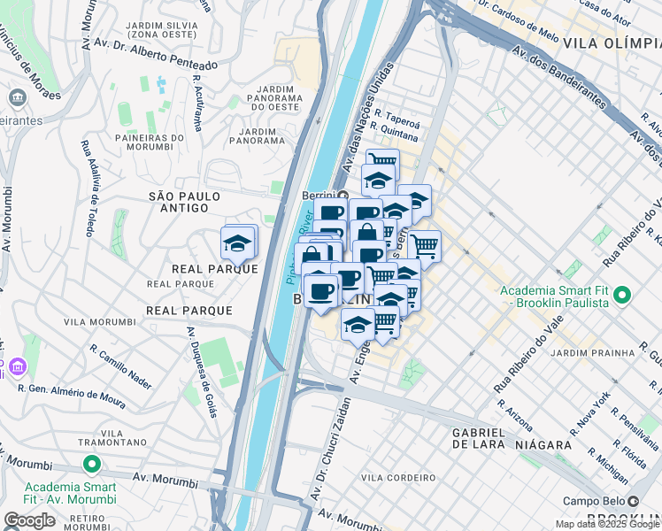 map of restaurants, bars, coffee shops, grocery stores, and more near 12495 Avenida das Nações Unidas in São Paulo