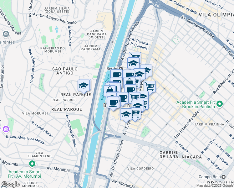 map of restaurants, bars, coffee shops, grocery stores, and more near 12495 Avenida das Nações Unidas in São Paulo
