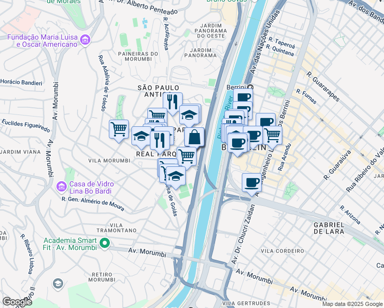 map of restaurants, bars, coffee shops, grocery stores, and more near Avenida Magalhães de Castro in São Paulo