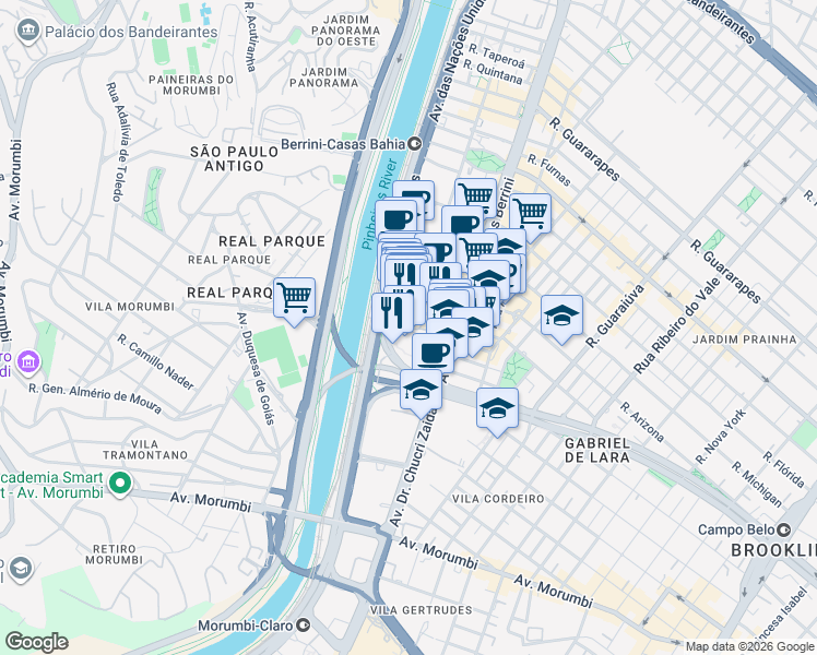map of restaurants, bars, coffee shops, grocery stores, and more near Avenida Jornalista Roberto Marinho in São Paulo