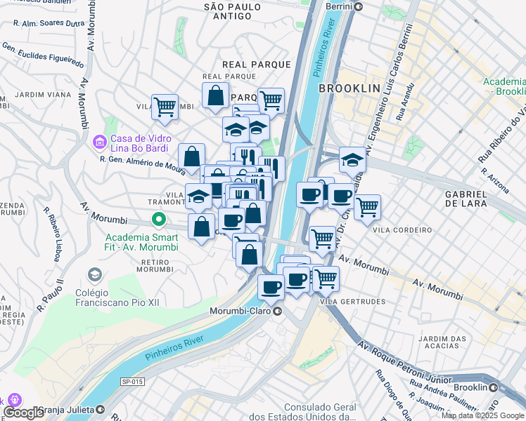 map of restaurants, bars, coffee shops, grocery stores, and more near 100 Rua Francisco Tramontano in Sao Paulo