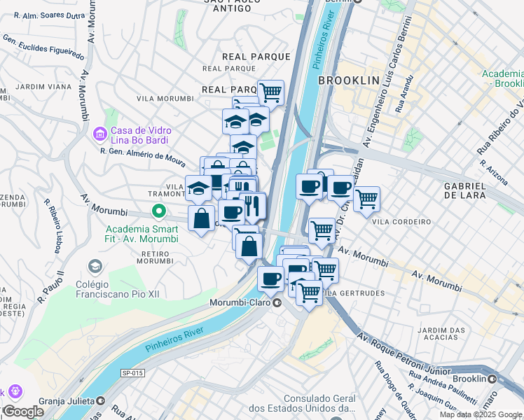 map of restaurants, bars, coffee shops, grocery stores, and more near 100 Rua Francisco Tramontano in São Paulo
